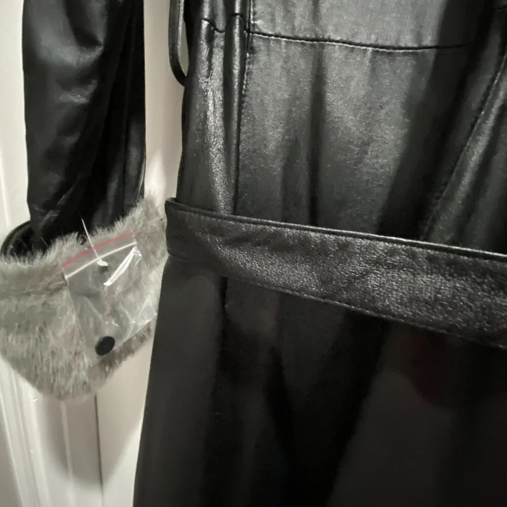 Vintage Newport News Leather Faux Fur Steampunk Goth Punk Belted Y2K Long Coat S - Picture 8 of 13